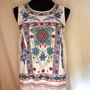White and Cream Sleeveless Mini Dress with Graphic Embellishments